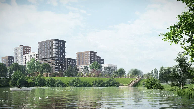 ЖК Тайгинский парк, вид со стороны озера, визуализация