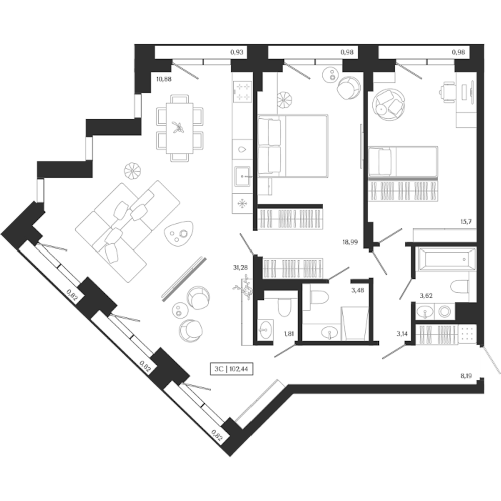 ЖК Unity Center (Юнити Центр), планировка 3-комн. студия 102,44 м2